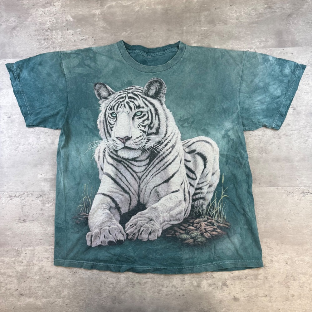 Vintage The Mountain White Tiger Graphic Tie Dye T-Shirt Green Mens Large